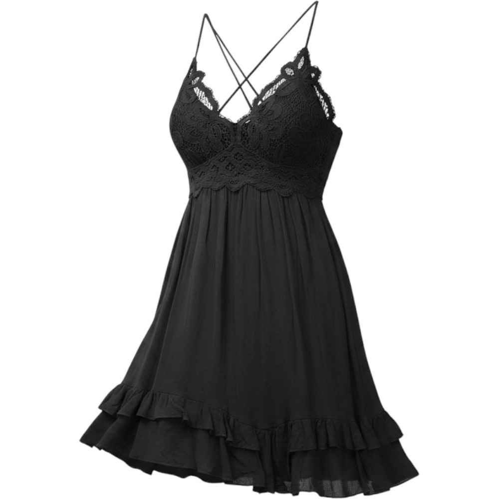 Free People FP One Adella Slip Dress Black Lace Babydoll Goth Whimsigoth Boho XS